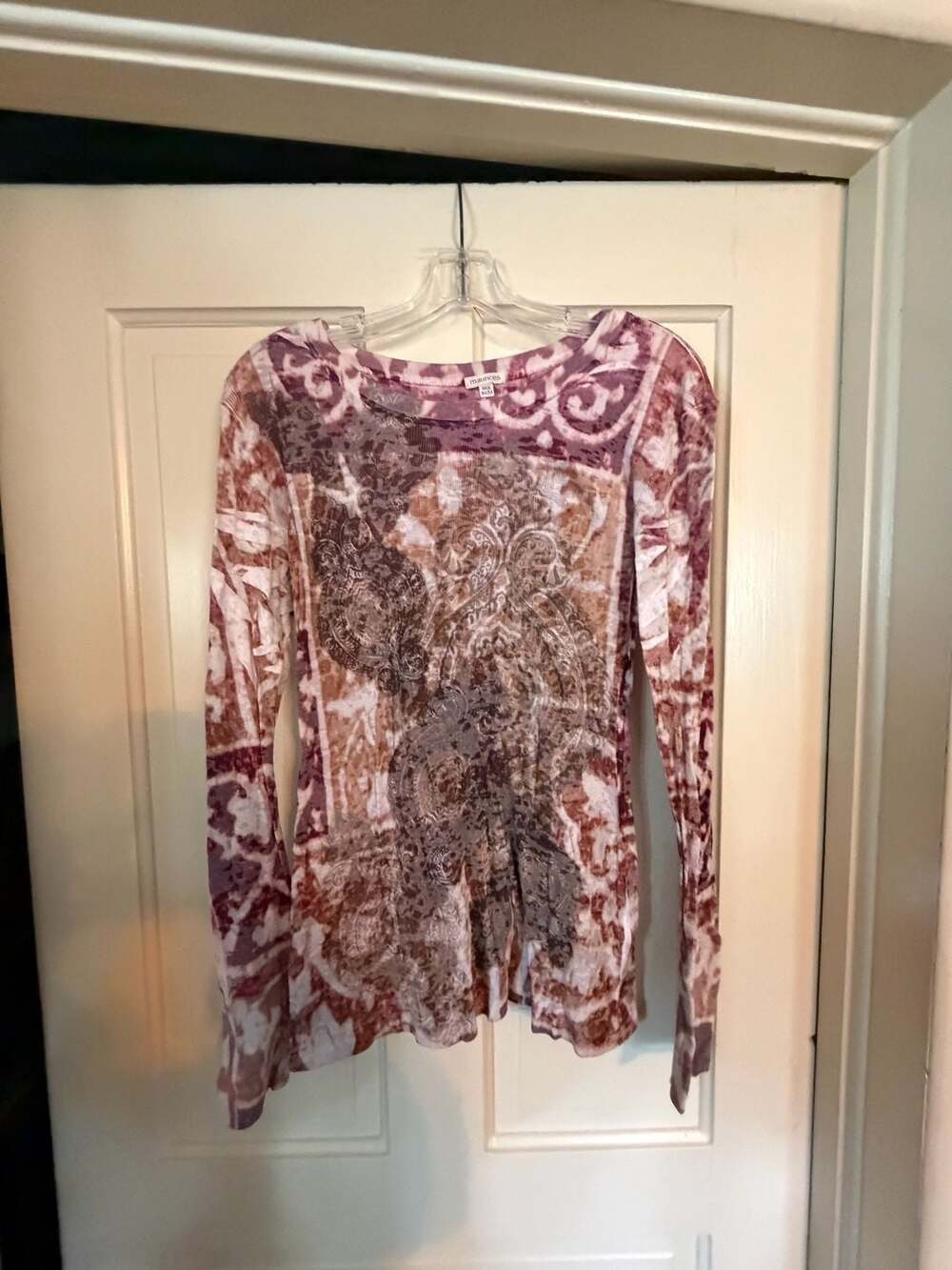 Maurices Women's Pink Brown Paisley Long Sleeve Ribbed Knit Tunic Top Size XL